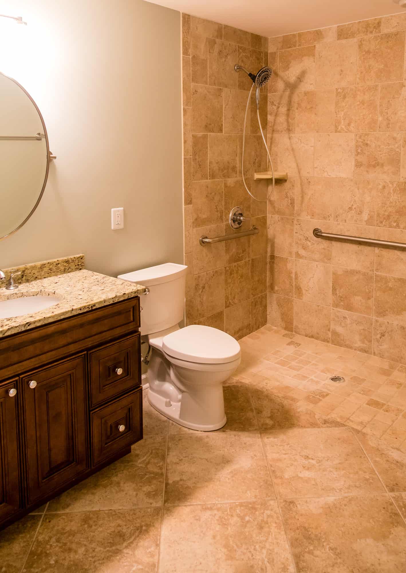 Tile Bathroom with Handicapped Shower - A modern bathroom compliant with Americans with Disability Act