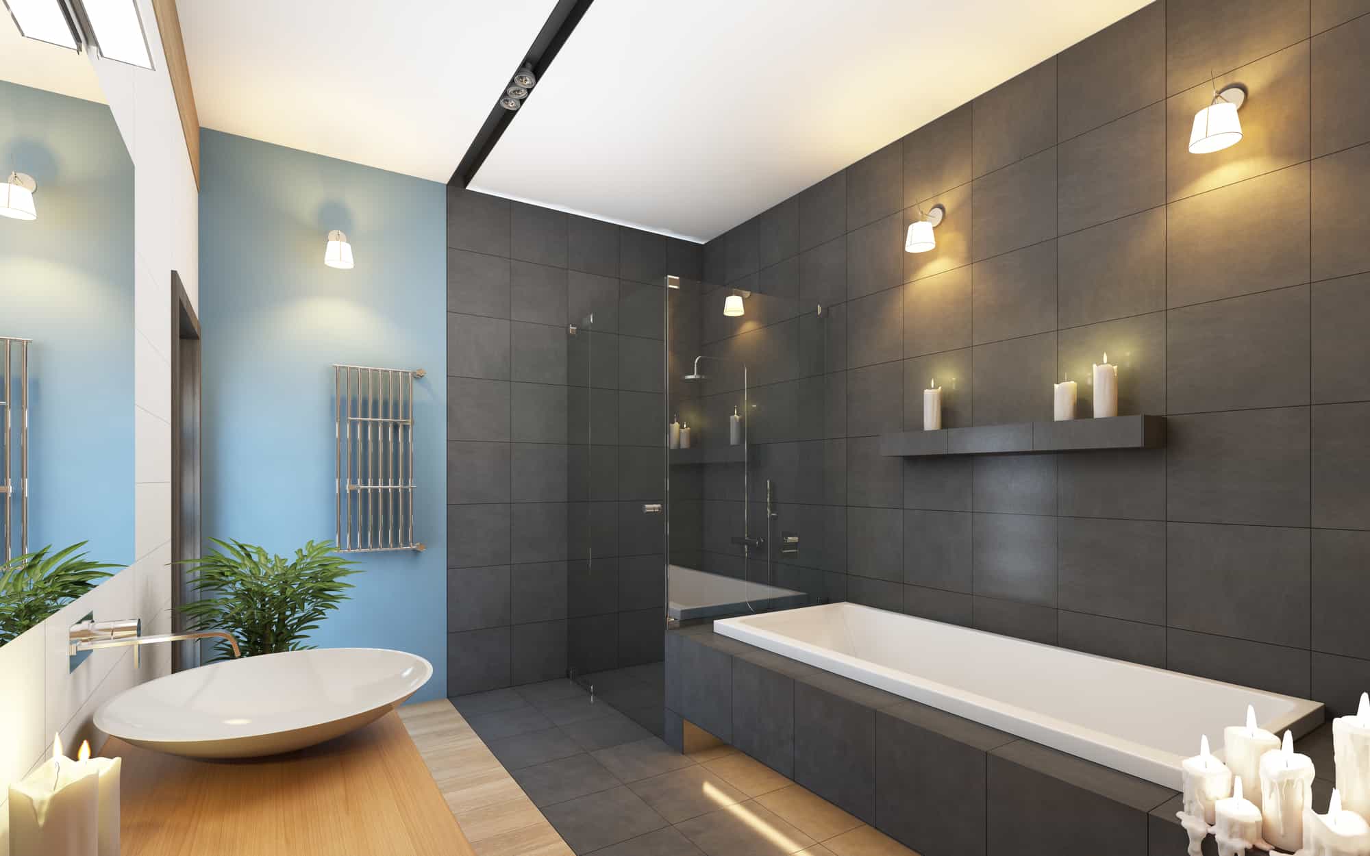 Modern bathroom with curbless glass roll-in corner shower and modern gray and blue colors