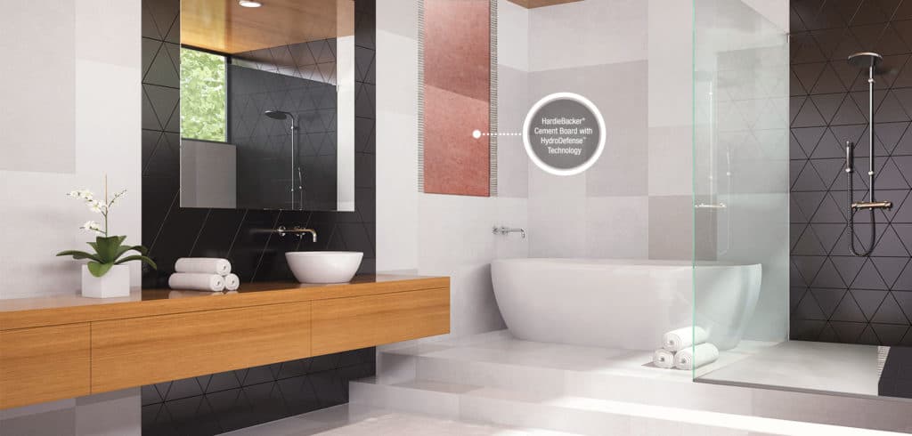 Mockup of Bathroom with custom tile shower and HardieBacker HydroDefense Board